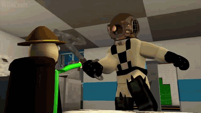 a cartoon of a man in a scuba helmet holding a green pipe
