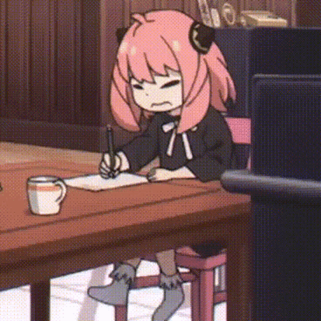 a girl with pink hair is writing on a piece of paper .