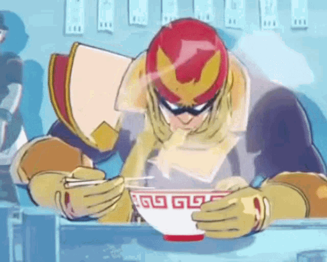 a cartoon character is eating a bowl of ramen with chopsticks