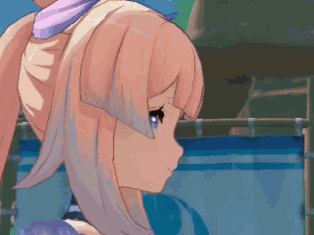 a close up of a pink haired anime character