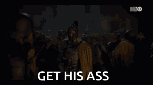 a group of soldiers are standing in a dark room with the words " get his ass " written on the screen