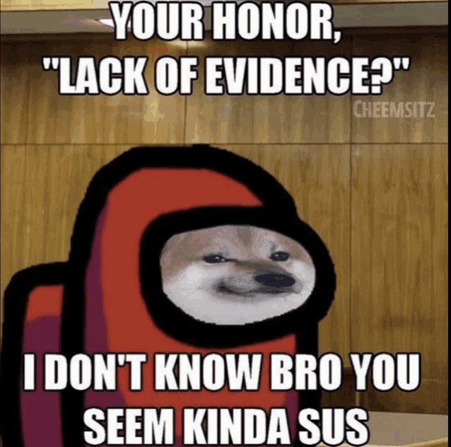 among us meme that says your honor lack of evidence i dont know bro you seem kinda sus