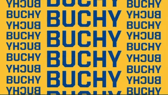 a blue background with the word buchy in yellow letters