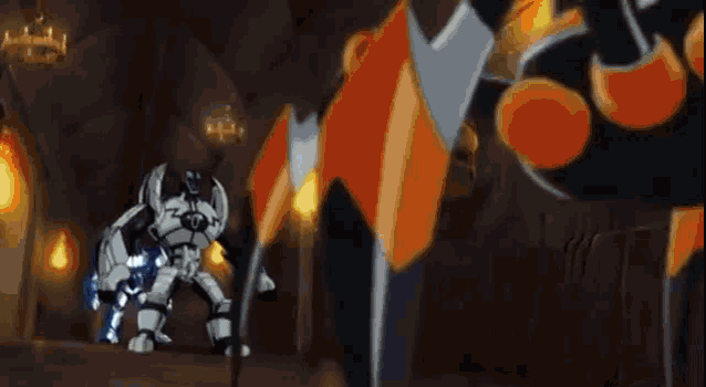 a cartoon of two robots fighting in a dark room