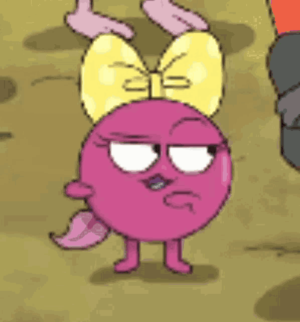a pink cartoon character has a yellow bow on her head