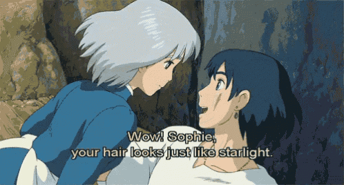 a man and a woman are looking at each other with the words wow sophie your hair looks just like starlight