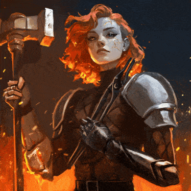 a woman with red hair is holding an axe