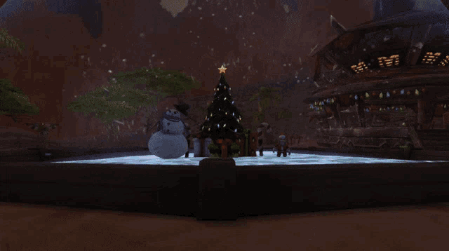 a snowman is in front of a christmas tree in a video game