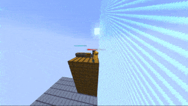a screenshot of a minecraft game shows a stack of wooden boxes and a blue sky