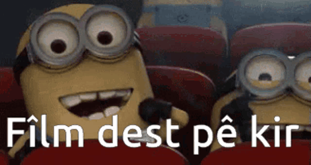 a group of minions are sitting in a theater watching a movie and the words film dest pe kin are above them