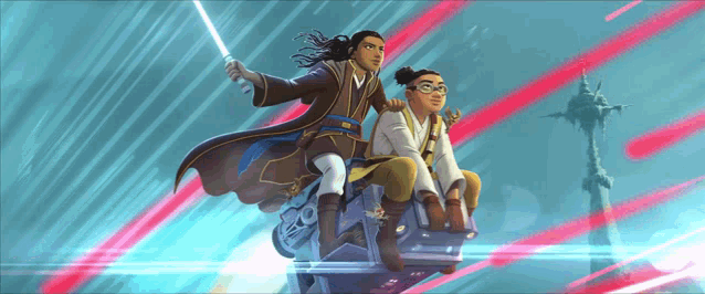 a painting of two people flying in the air