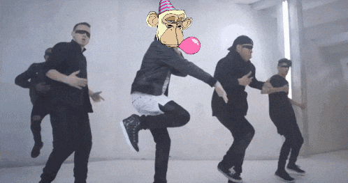a group of men are dancing with a monkey blowing a pink bubble gum