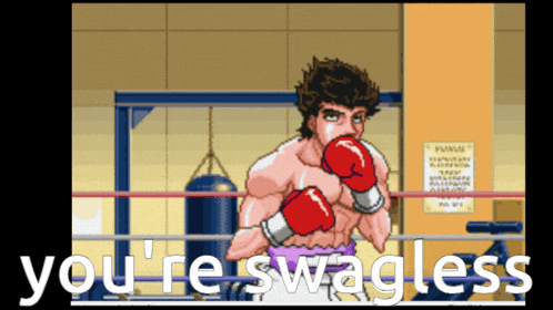 a cartoon of a man in a boxing ring with the words you 're swagless below him
