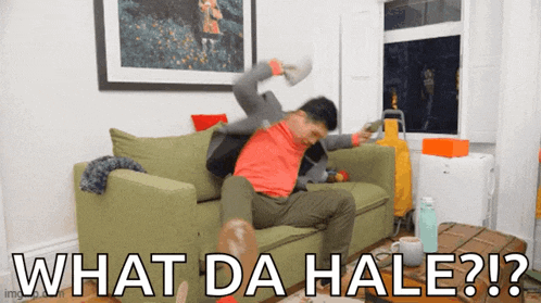 a man is sitting on a green couch with the words what da hale written on the bottom