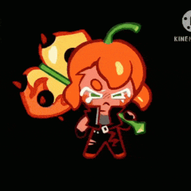 a cartoon drawing of a pumpkin with a knife in his mouth .