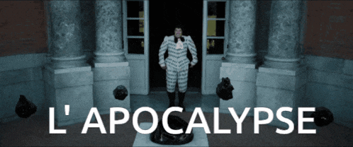 a man in a suit and bow tie stands in front of a building with the words l' apocalypse written on the bottom