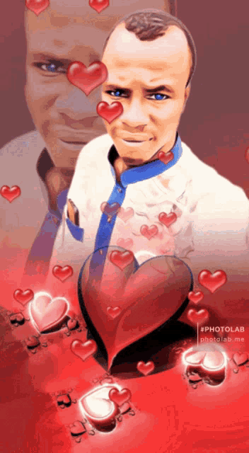 a picture of a man with hearts around his face