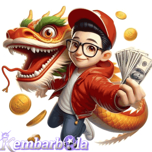 a boy in a red jacket is holding a bunch of money in front of a dragon and the words kembarbola