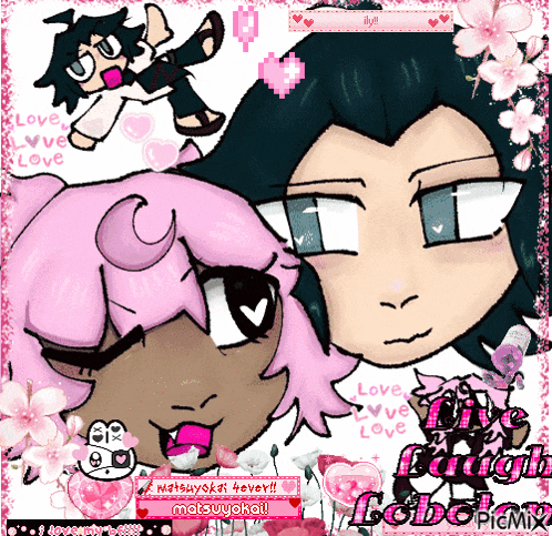 a drawing of a girl with pink hair and a boy with black hair with the words " i laugh love picmix "