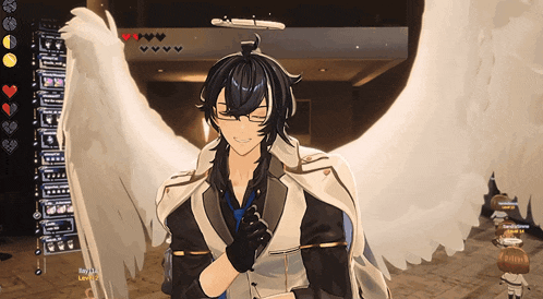 a video game character with angel wings is smiling in front of hearts