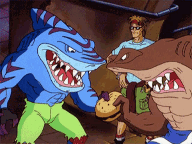 a cartoon of a shark holding a hamburger and a man