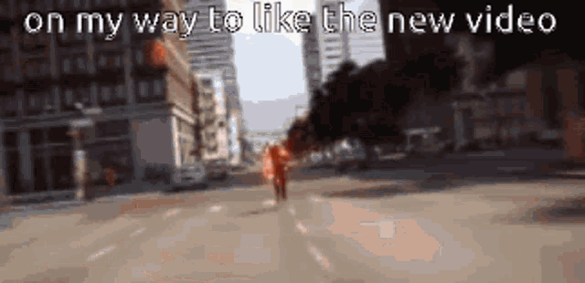 a person is walking down a city street with the words on my way to like the new video