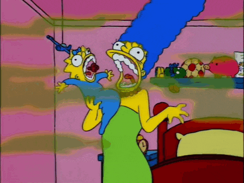 a cartoon of marge simpson holding a baby with a gun in her mouth