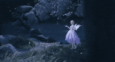 a fairy in a purple dress with wings is standing in the grass