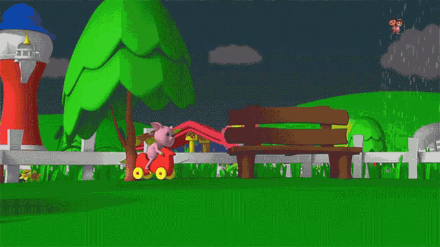 a pink pig is riding a red toy in a cartoon scene
