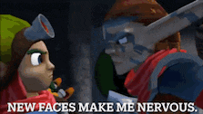 a video game character says new faces make me nervous while looking at another character