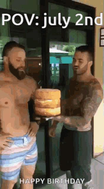 two shirtless men are standing next to each other holding a stack of cakes .