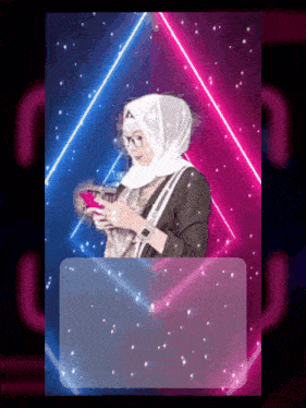 a woman wearing a hijab and glasses is holding a cell phone