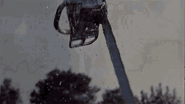 a chainsaw is being used to cut a tree in a dark forest .