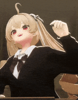 a girl with blonde hair and red eyes is sitting at a desk with a pen in her hand