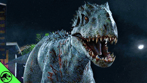 a picture of a dinosaur with its mouth open and a jurassic park logo in the corner