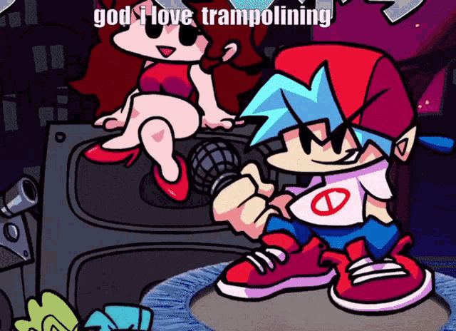 a cartoon character with the words god i love trampolining on the bottom