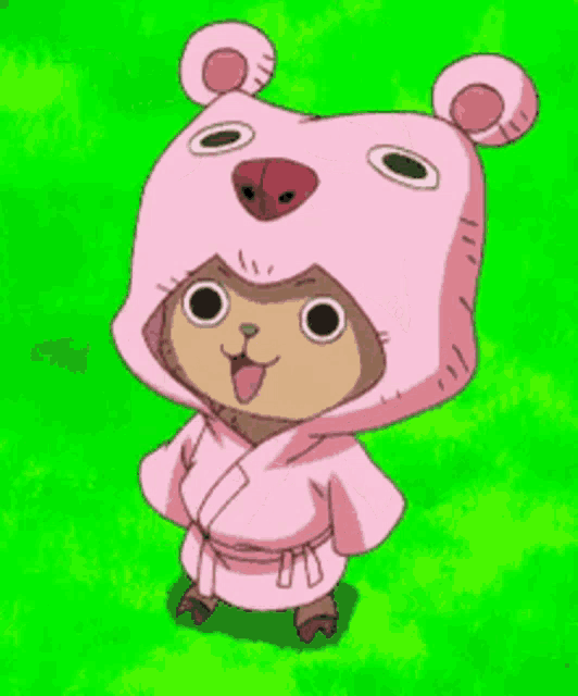 a cartoon character wearing a pink bear costume stands in the grass