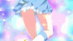 a girl in a blue and white dress is standing in front of a rainbow background .