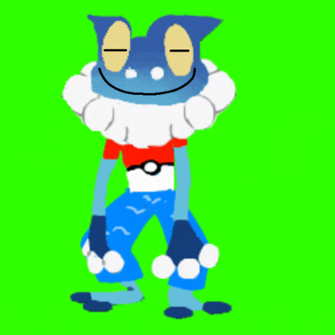 a frog wearing a red shirt and blue shorts is standing on a green background
