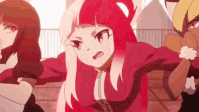 a group of anime girls are standing next to each other . one of the girls is wearing a red jacket .