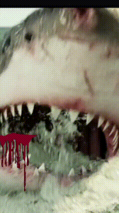 a shark with its mouth open and blood dripping from it