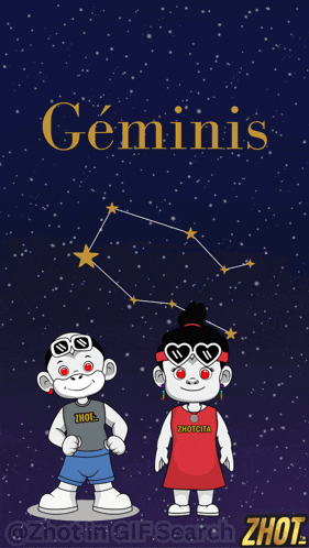 a cartoon drawing of a boy and a girl with the word geminis written above them