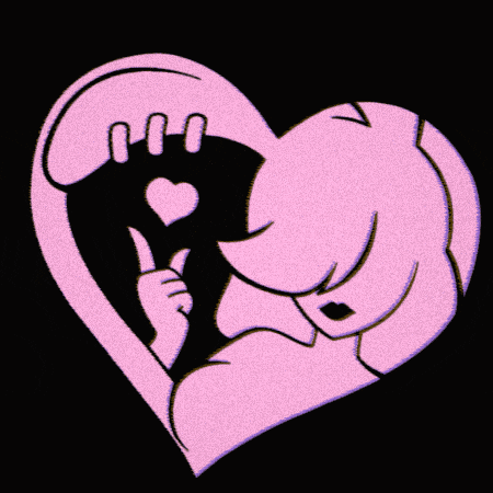 a drawing of a woman in a pink heart with her finger on her lips