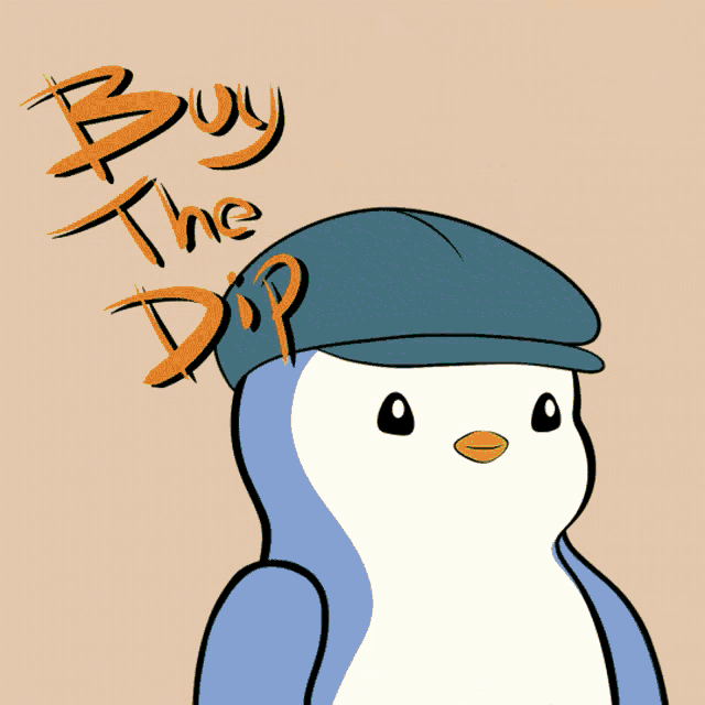 a penguin wearing a hat with the words buy the dip written on it