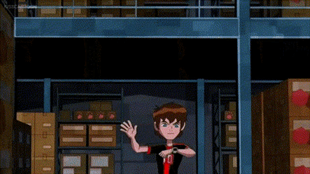 a cartoon character with the number 10 on his shirt is standing in a warehouse .