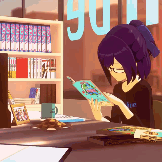 a girl is reading a book in front of a bookshelf that says ' yui '