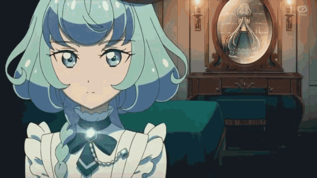 a girl with blue hair is standing in front of a mirror with the number 2 on it