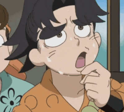 a close up of a cartoon character with a surprised expression on his face