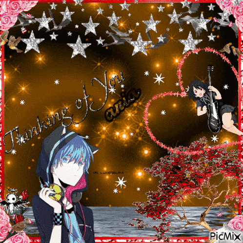 a picture of a girl playing a guitar and a boy talking on a cell phone