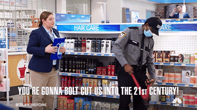 a man in a mask is cleaning a shelf in a store with the words " you 're gonna bolt "